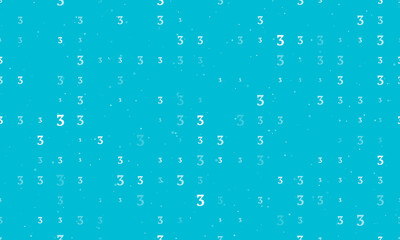 Naklejka na ściany i meble Seamless background pattern of evenly spaced white number three symbols of different sizes and opacity. Vector illustration on cyan background with stars