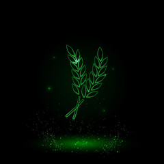 A large green outline wheat symbol on the center. Green Neon style. Neon color with shiny stars. Vector illustration on black background