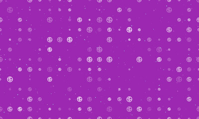 Seamless background pattern of evenly spaced white no dollar symbols of different sizes and opacity. Vector illustration on purple background with stars