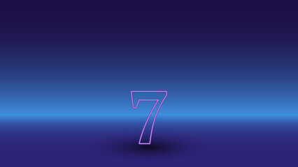 Neon number seven symbol on a gradient blue background. The isolated symbol is located in the bottom center. Gradient blue with light blue skyline