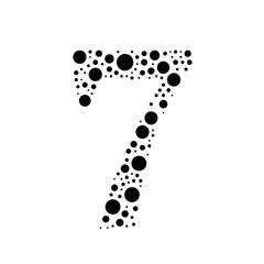 A large number seven symbol in the center made in pointillism style. The center symbol is filled with black circles of various sizes. Vector illustration on white background