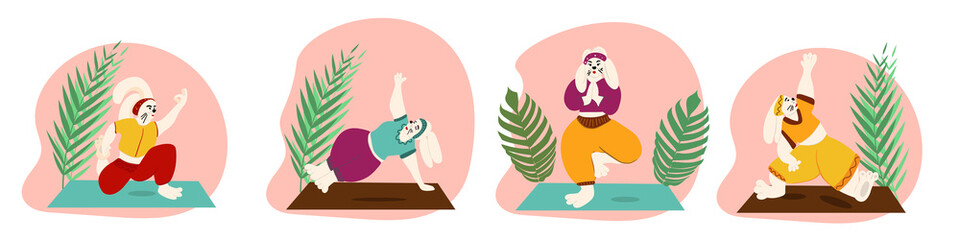 Set of bunny yoga poses and exercises.  Vector flat illustration. Creative poster or banner design with cute rabbit. Animal workout fitness, aerobic. Healthy lifestyle body positive concept. 