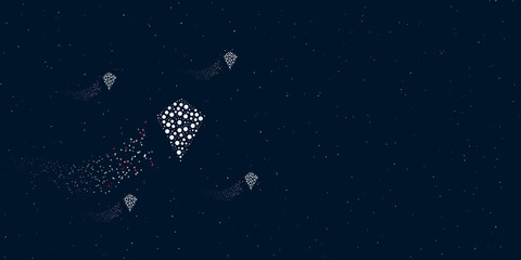 Fototapeta na wymiar A kite symbol filled with dots flies through the stars leaving a trail behind. Four small symbols around. Empty space for text on the right. Vector illustration on dark blue background with stars