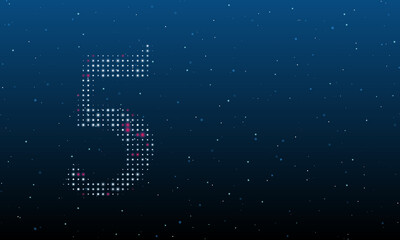 On the left is the number five symbol filled with white dots. Background pattern from dots and circles of different shades. Vector illustration on blue background with stars