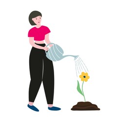 Girl watering a flower from a watering can, the concept of growth and self-improvement, vector illustration female in a flat style