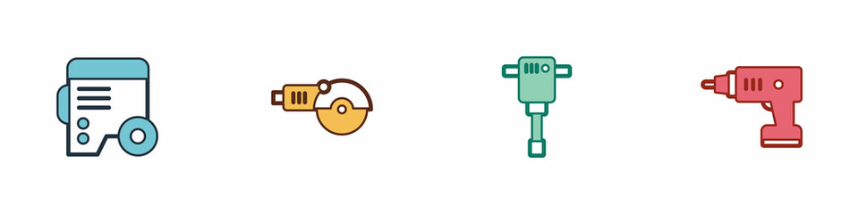 Set Power electric generator, Angle grinder, Construction jackhammer and Electric cordless screwdriver icon. Vector