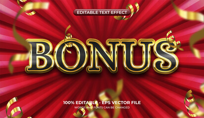 Golden text effect with confetti. 3d editable bonus text effect on a red sunburst background