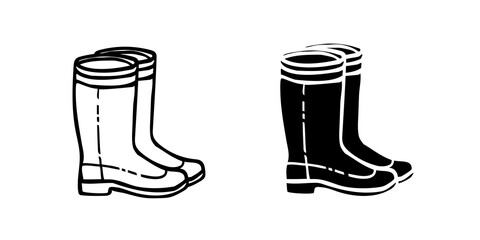 Rubber boot line icon set. Wellington rain boots. Vector sketch illustration. Rain boot outline and silhouette icons. Hand drawn rubber boots. Doodle drawing illustration