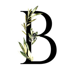 Watercolor Black Olive Floral Alphabet letter B with flowers.Feminine botanical Floral letter element for baby shower invite, Monogram for wedding, logo, frame art, poster, new baby name printable diy
