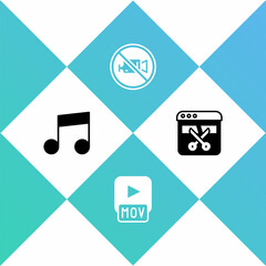 Set Music note, tone, MOV file, Prohibition video recording and Video recorder editor icon. Vector