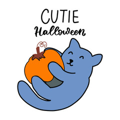 Obraz premium Cute cartoon halloween kitty. Pumpkin cat. Spooky kids funny autumn holidays design element.
