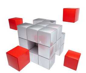 3d cubes, red boxes among gray squares - grid, core array, matrix, cell, qubit, storage, part of the whole