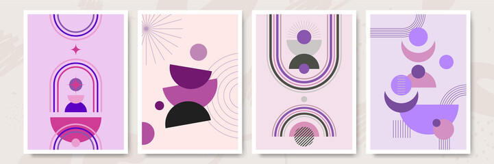 Vector Illustration. Vintage geometric shapes. Mid century modern style. Modern boho wall decor. Minimalist contemporary art. Design elements for web banner, social media template. Retro concept