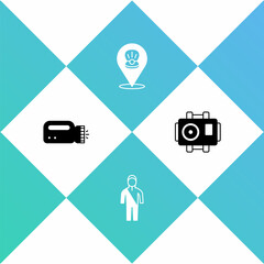Set Flashlight for diver, Wetsuit scuba diving, Scallop sea shell and Photo camera icon. Vector