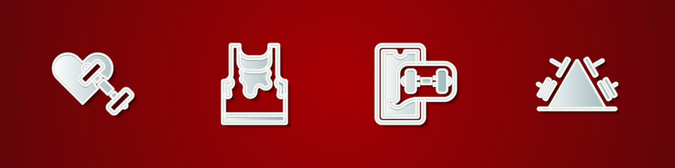 Set Dumbbell with heart, Sweaty sleeveless t-shirt, Fitness app and Metal rack weight icon. Vector