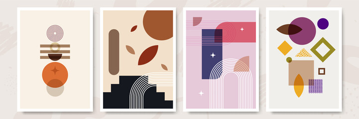 Modern minimalist abstract aesthetic illustrations. Bohemian style wall decor. Collection of contemporary artistic posters with geometric shapes.
