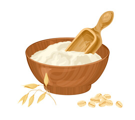 Oat flour in wooden bowl, spoon, golden ears and flake isolated. Vector cartoon flat illustration.