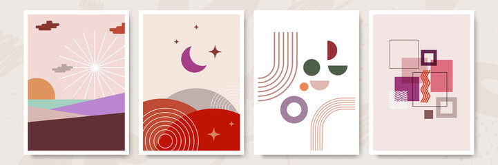 Vector illustration. Abstract poster set. Contemporary backgrounds. Mid century wall decor. Design elements for book cover, page template, print, card, brochure, magazine, poster. 60s, 70s graphic.