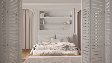 Fototapeta na wymiar White folding door opening on classic bedroom with modern bed and molded walls, arched doors with curtains, parquet, interior design, architect designer concept, background