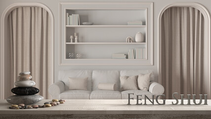 Wooden vintage table shelf with pebble balance and 3d letters making the word feng shui over classic living room with sofa, arched doors with curtains, zen concept interior design