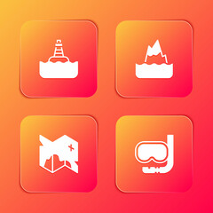 Set Floating buoy, Iceberg, Pirate treasure map and Diving mask and snorkel icon. Vector
