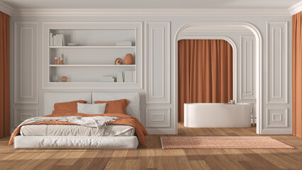 Classic bedroom in white and orange tones and bathroom. Modern bed and carpet, arched walls with curtains, freestanding bathtub. Molded walls, parquet. Neoclassic interior design