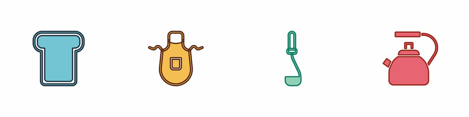 Set Bread toast, Kitchen apron, ladle and Kettle with handle icon. Vector