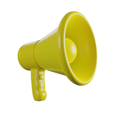 Yellow megaphone. Bright yellow horn. Loudspeaker icon. Isolated. Mustard color, Loudspeaker. 3d illustration. 3D render.