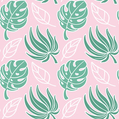 Monstera, exotic leaves on pink background. Summer print. Seamless pattern for fabric, wrapping, textile, wallpaper, clothes. Vector.