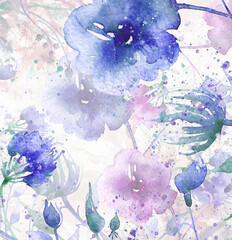 Watercolor bouquet of flowers, Beautiful abstract splash of paint, fashion illustration.Orchid flowers, poppy, cornflower,pansies, viola, field or garden flowers. Watercolor abstract.thickets, garden 