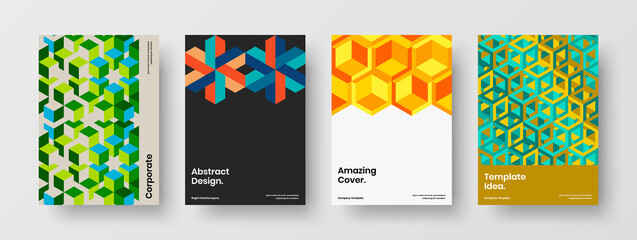 Bright magazine cover design vector illustration collection. Creative geometric hexagons handbill template composition.