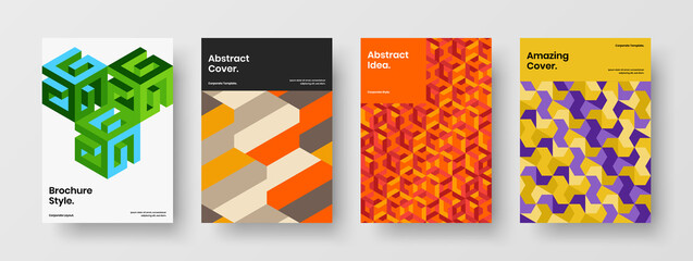 Fototapeta premium Minimalistic mosaic shapes catalog cover concept set. Bright flyer design vector template collection.