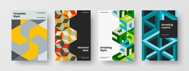 Minimalistic geometric hexagons company brochure layout composition. Simple annual report A4 design vector illustration set.