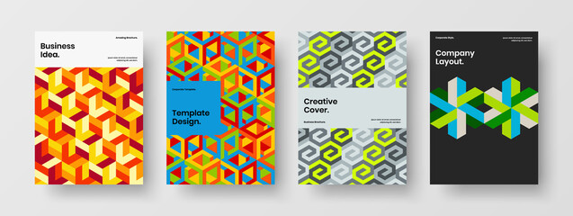 Minimalistic company brochure vector design illustration collection. Simple geometric hexagons presentation template composition.