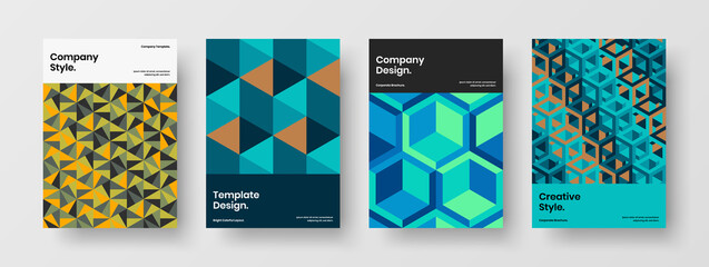 Amazing annual report A4 vector design layout composition. Isolated geometric hexagons catalog cover template set.