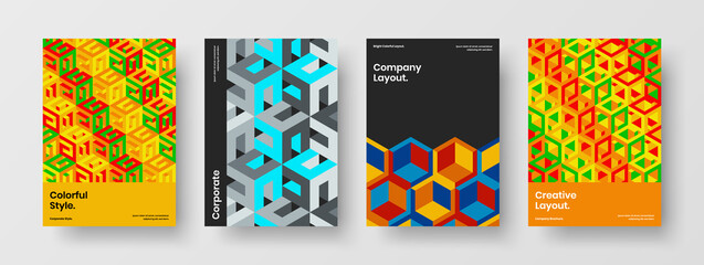 Fototapeta premium Bright geometric tiles company identity layout composition. Amazing pamphlet A4 design vector template bundle.