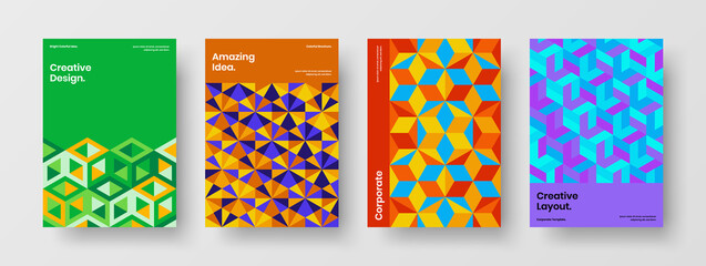 Obraz premium Vivid mosaic shapes magazine cover illustration collection. Unique annual report A4 vector design layout bundle.