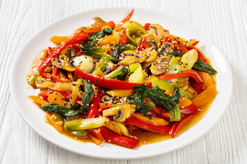 Stir Fry Vegetables on white plate, top view