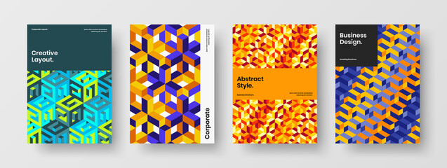 Isolated annual report A4 design vector layout composition. Unique mosaic shapes company brochure template bundle.