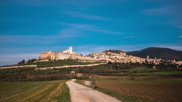 Assisi, Italy town skyline with the Basilica of Saint Francis of Assisi.