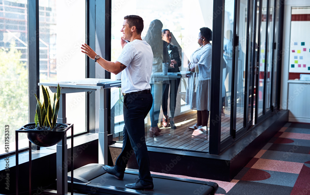 Aufkleber theres no need to be deskbound as you head to success. shot of a young businessman talking on a cell