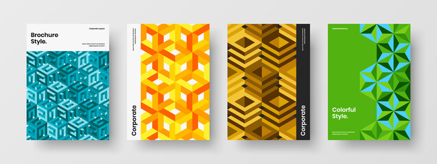 Multicolored geometric hexagons presentation layout collection. Bright journal cover A4 vector design concept bundle.