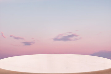 A white marble pedestal or table surface on a lilac twillight sky background. Copy space. The...