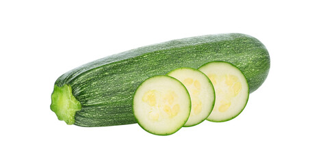 Whole and slices zucchini isolated on white background.