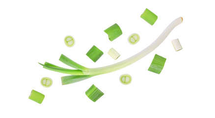 Green japanese onion falling in the air isolated on white background.