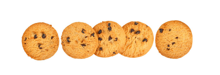 Tasty chocolate chip cookies isolated on white background. Top view