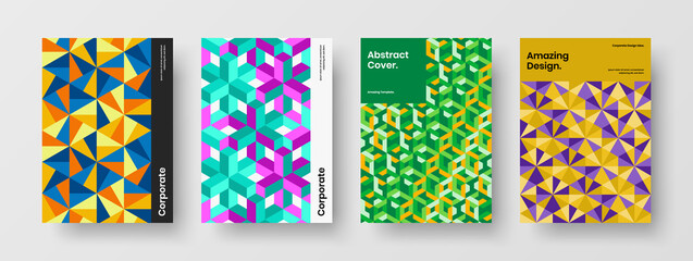 Vivid pamphlet A4 vector design concept bundle. Simple mosaic hexagons book cover illustration set.