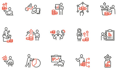 Vector set of linear icons related to finance management, budget allocation and investment strategy. Mono line pictograms and infographics design elements