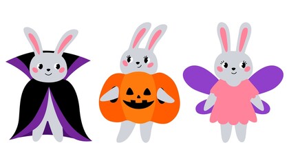 Set cute rabbit in costumes for halloween. Bunny vampire, fairy and pumpkin. Funny characters for holiday.