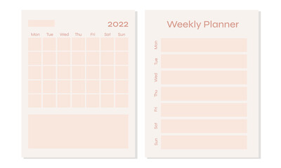 2 Set of minimalist planners. Daily, weekly, monthly planner template. Simple printable to do list. Business organizer page. Paper sheet. Realistic vector illustration. 